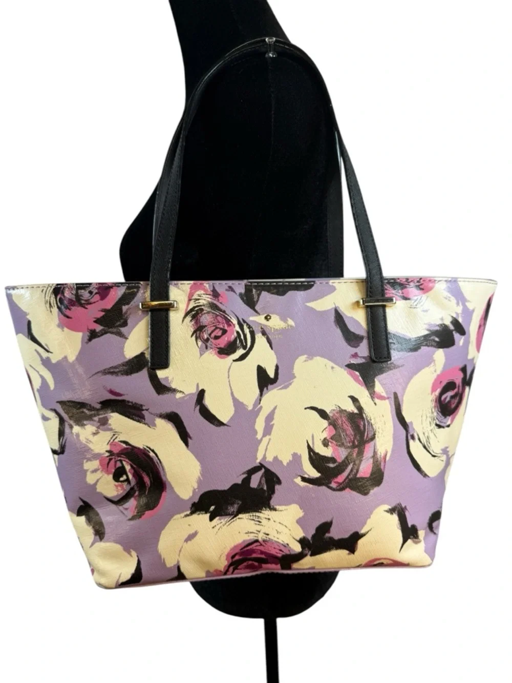 Kate Spade Floral Tote Cream Purple Leather Shoulder Bag Large Chic